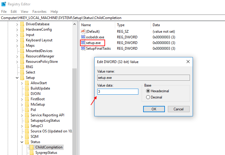 windows registry key ChildCompletion setup.exe