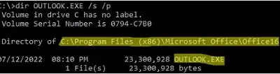 find outlook.exe executable full path on windows