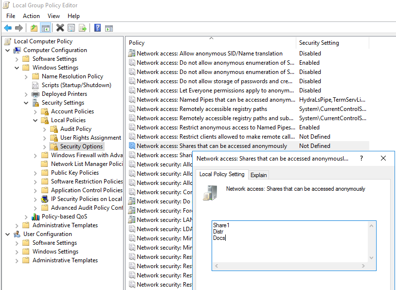 group policy: Network access: Shares that can be accessed anonymous