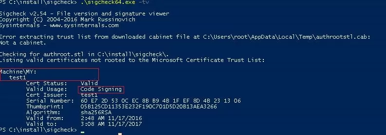 sigcheck: list cert not rooted in Microsoft Certificate Trust List