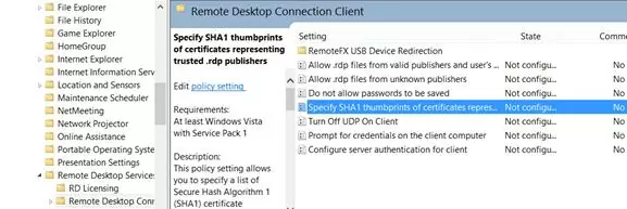 Specify SHA1 thumbprints of certificates representing RDP publishers 