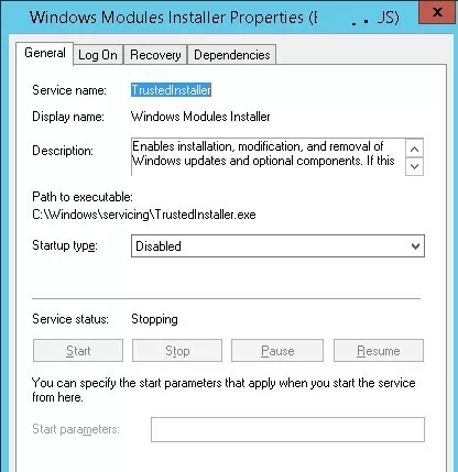 C:\Windows\servicing\TrustedInstaller.exe stuck on stopping
